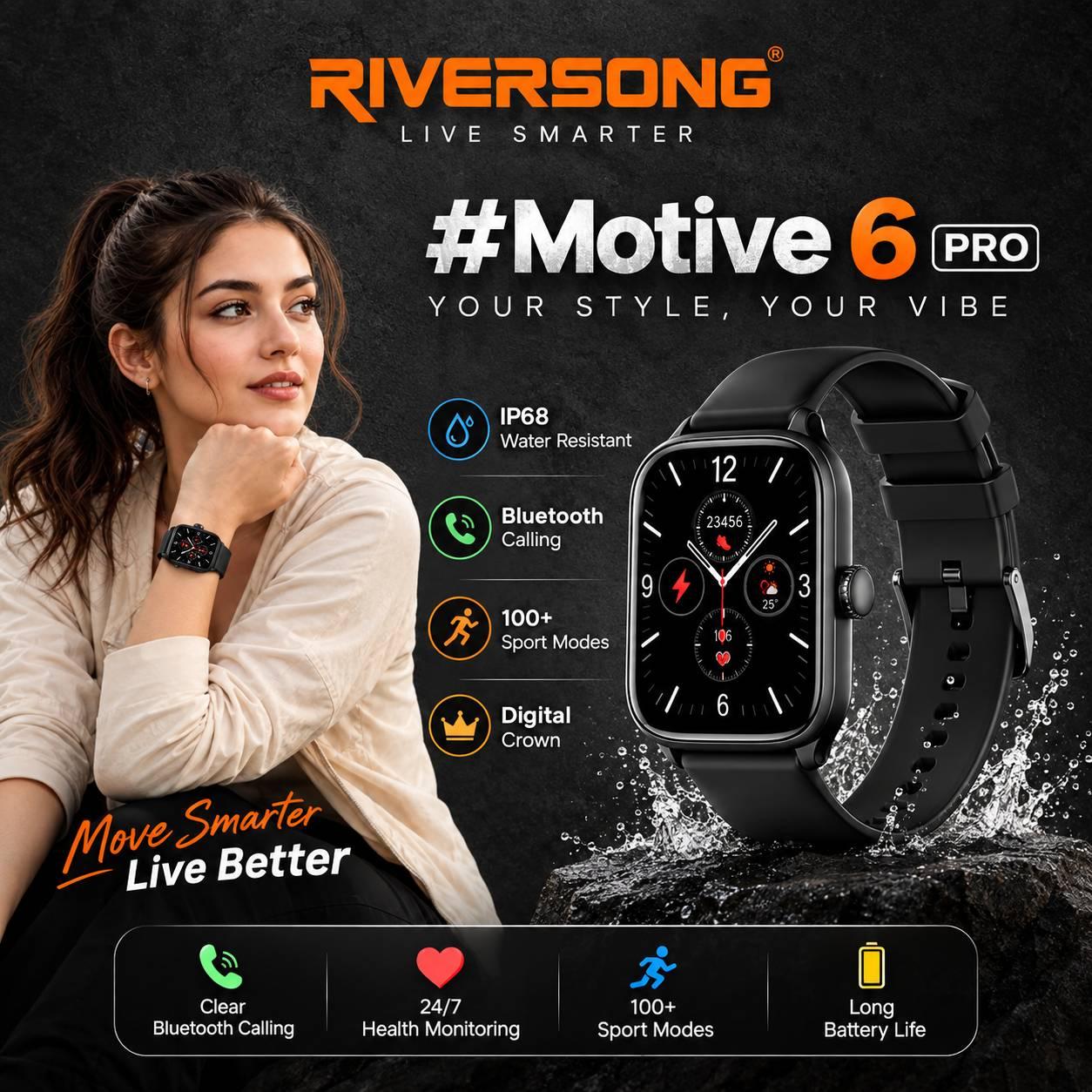 Riversong Motive 6 Pro Bluetooth Calling Smartwatch | Water Resistance | 100 Sport Modes | 1-Year Warranty